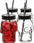 Skull Mason Jar Mug Glass Tumbler Cup with Cover and Straw - 16Oz, Set of 4