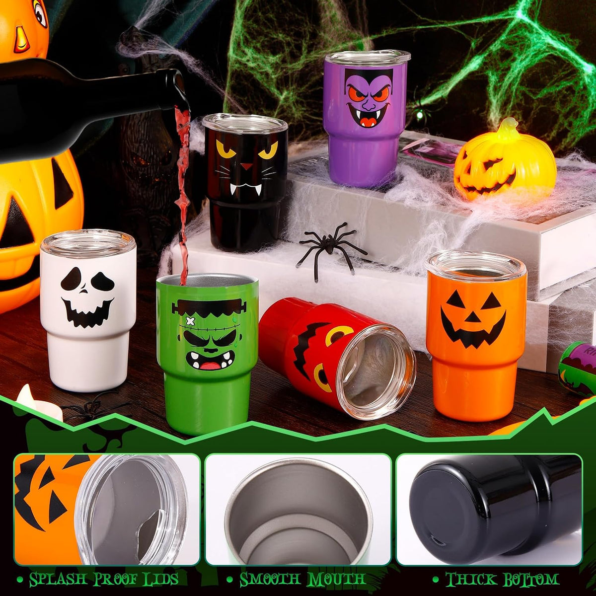6 Pack 3 Oz Halloween Shot Glasses Mini Tumblers with Straw and Lid