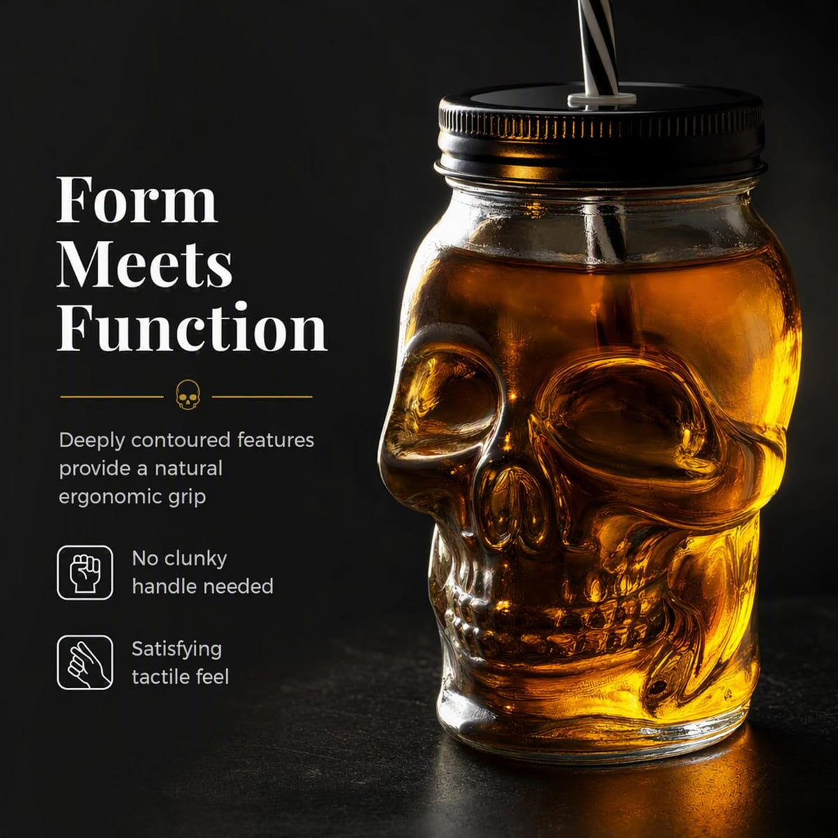 Skull Mason Jar Mug Glass Tumbler Cup with Cover and Straw - 16Oz, Set of 4