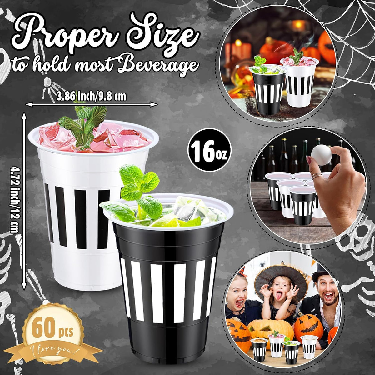60 Pcs Halloween Party Cups Disposable Plastic 16Oz Cups, Strips