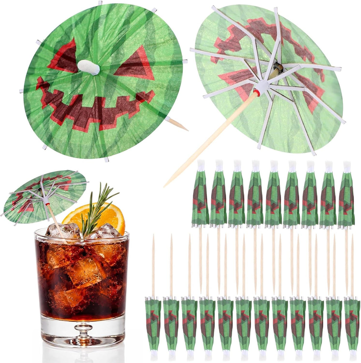 100 Pcs Summer Halloween Cocktail Drink Umbrella, Watermelon Jack