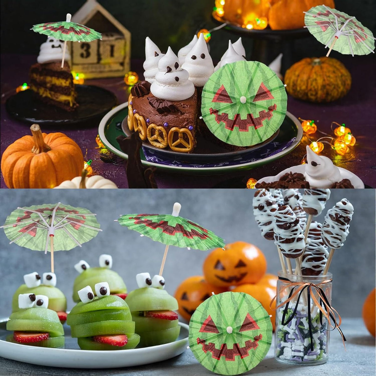 100 Pcs Summer Halloween Cocktail Drink Umbrella, Watermelon Jack