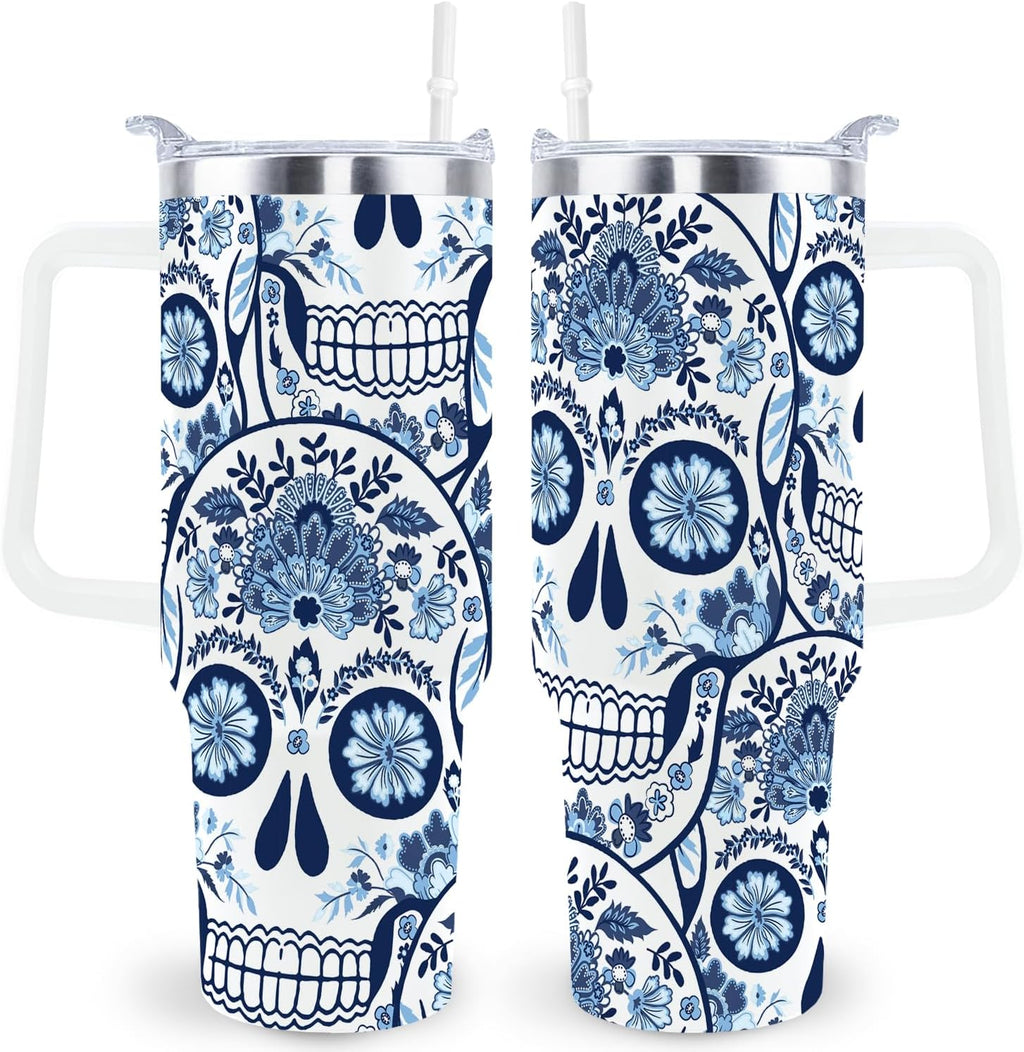 Goth Gifts Goth Tumbler Halloween Tumbler 40 Oz Sugar Skull Gifts Cup for Women Men Spooky Skeleton Travel Mug with Handle Lid and Straw
