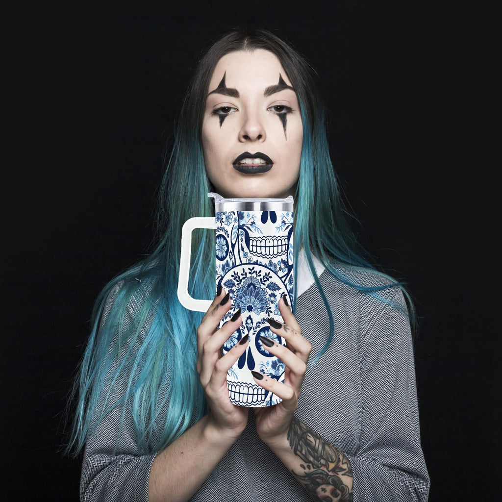 Goth Gifts Goth Tumbler Halloween Tumbler 40 Oz Sugar Skull Gifts Cup for Women Men Spooky Skeleton Travel Mug with Handle Lid and Straw