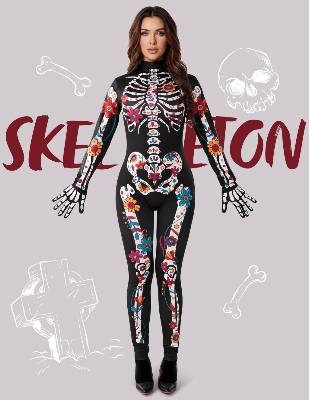 Floral Skeleton Costume for Womens, Skeleton Bone Bodysuit Halloween Costumes for Adult Halloween Party Fancy Dress-Up
