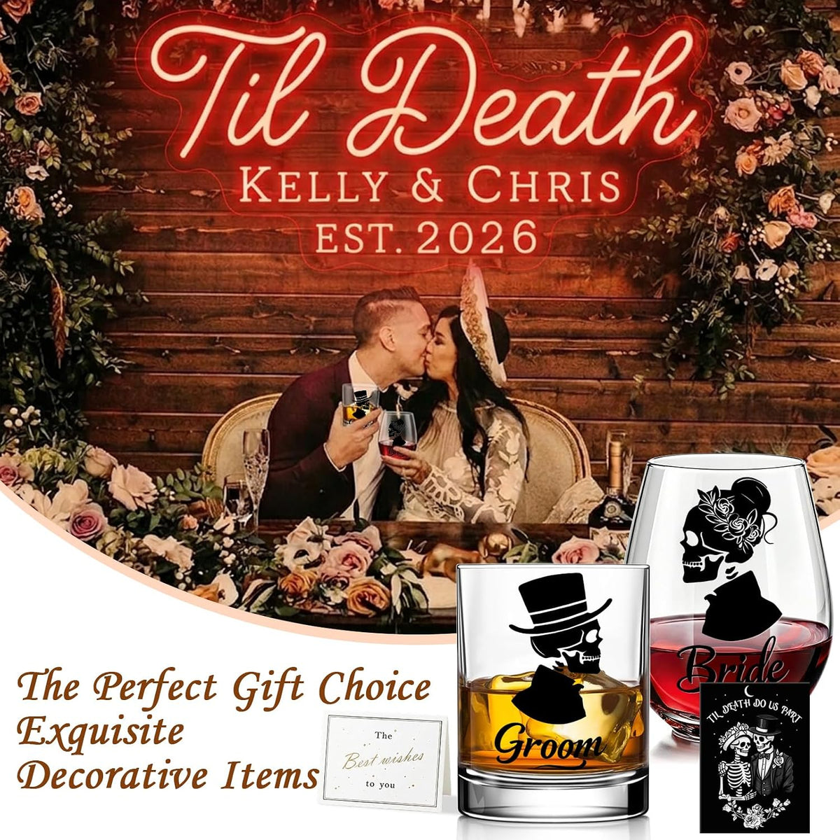 Skull Bride & Groom Wine Glass for Couples – Till Death Do Us Part Romantic Present for Him and Her – Gothic Wedding Anniversary Engagement Gifts Set – Unique Gothic Wedding Decoration