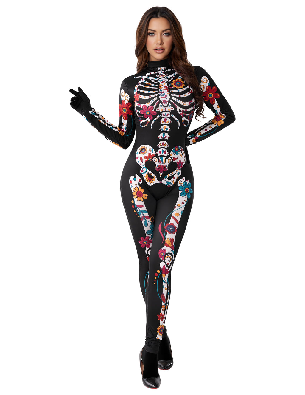 Floral Skeleton Costume for Womens, Skeleton Bone Bodysuit Halloween Costumes for Adult Halloween Party Fancy Dress-Up