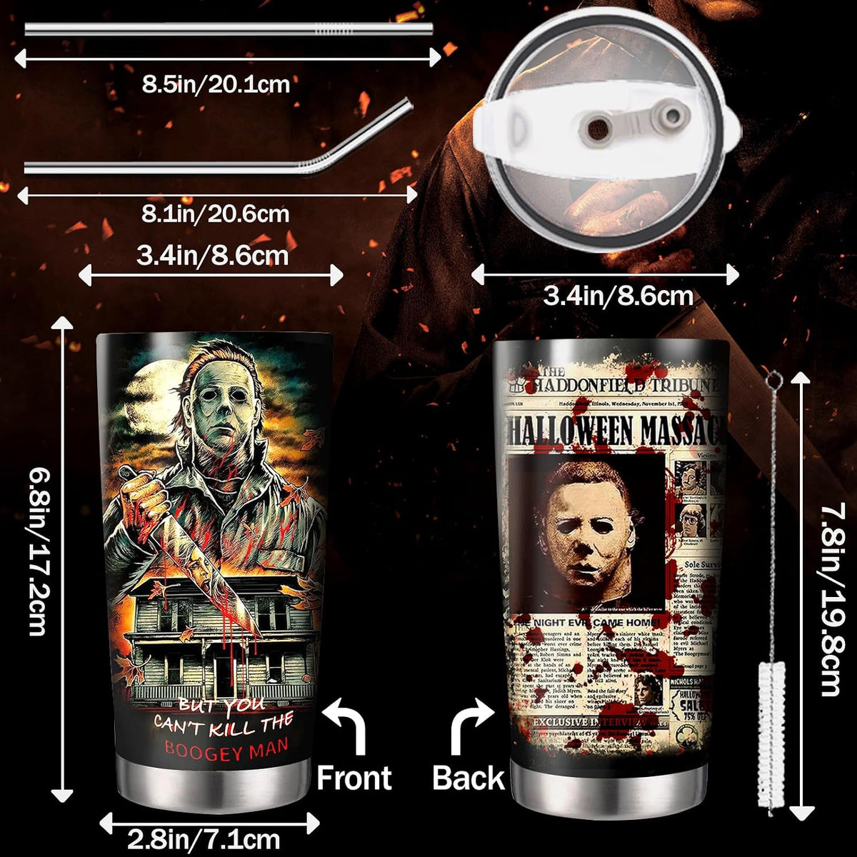 Horror Tumbler with Lid and Straw - Gift for Men, Women Who Love a Good Scare - Valentines Day Coffee Cup - Gifts for Friend on Birthday, Anniversary - Valentines Decorations - Horror Tumbler 20 Oz