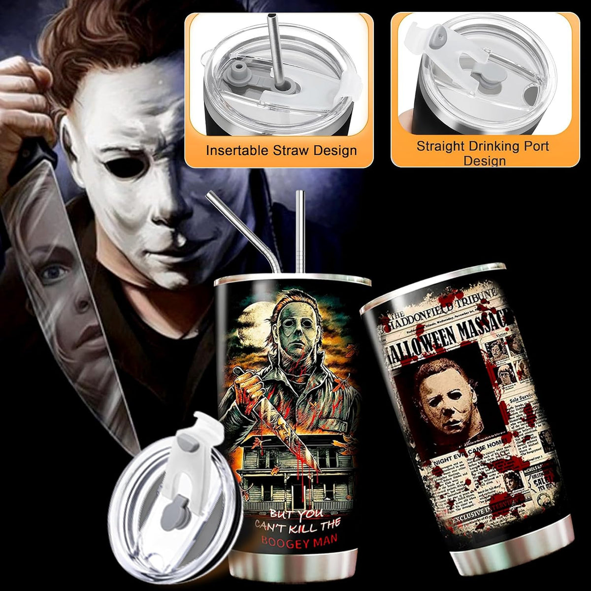 Horror Tumbler with Lid and Straw - Gift for Men, Women Who Love a Good Scare - Valentines Day Coffee Cup - Gifts for Friend on Birthday, Anniversary - Valentines Decorations - Horror Tumbler 20 Oz