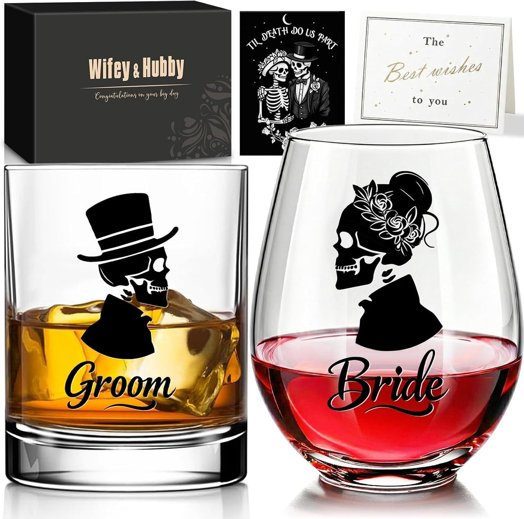 Skull Bride & Groom Wine Glass for Couples – Till Death Do Us Part Romantic Present for Him and Her – Gothic Wedding Anniversary Engagement Gifts Set – Unique Gothic Wedding Decoration