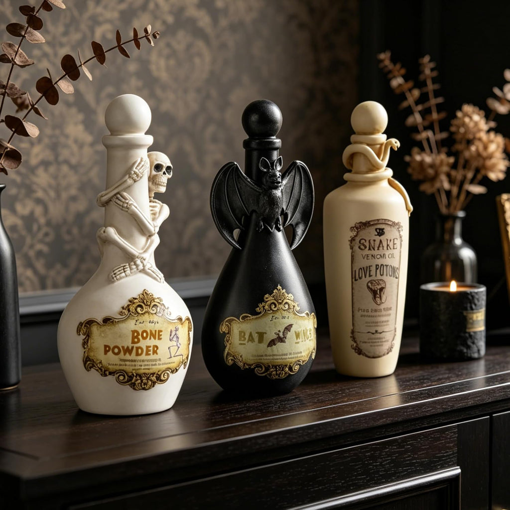 Halloween Potion Bottles, White Resin Skeleton Décor