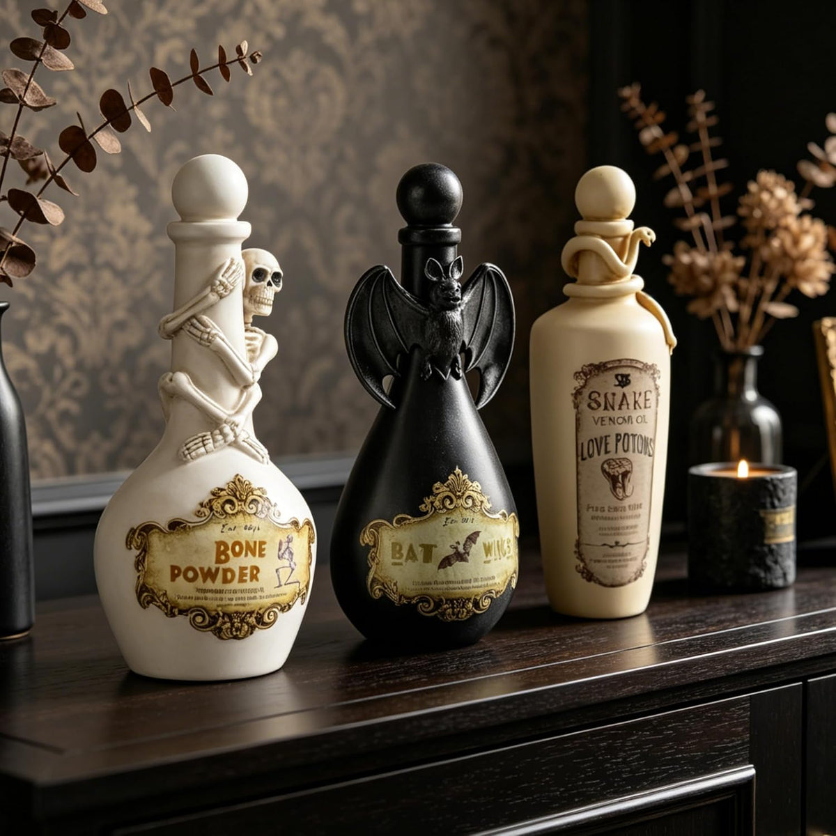 Halloween Potion Bottles, White Resin Skeleton Décor