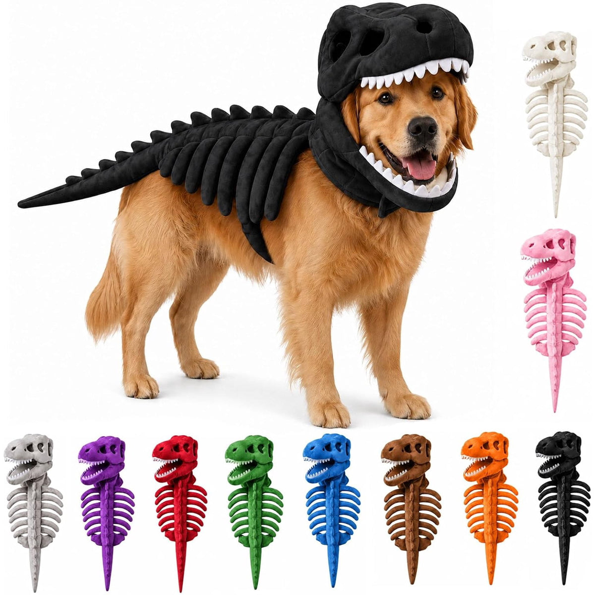 Glow in the Dark Dinosaur Skeleton Pet Costume, Plush Halloween Hood Outfit for Cats & Dogs 35 Inches