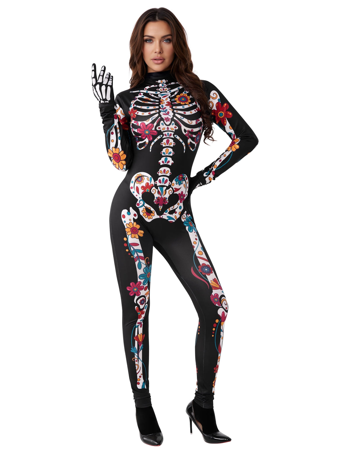 Floral Skeleton Costume for Womens, Skeleton Bone Bodysuit Halloween Costumes for Adult Halloween Party Fancy Dress-Up