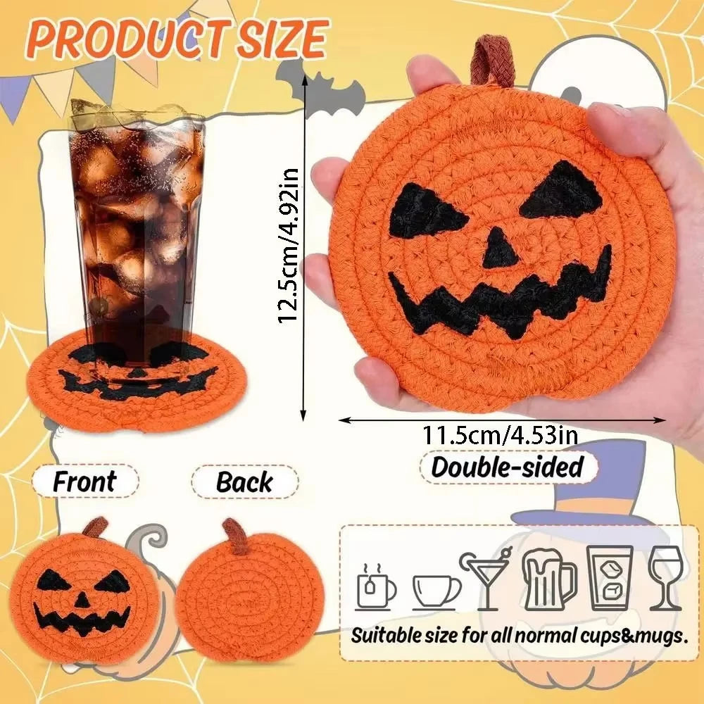 Creative Pumpkin Shaped Coasters Handwoven Absorbent Non-Slip Cup Mat Anti-Fouling Novelty Halloween Drink Pads