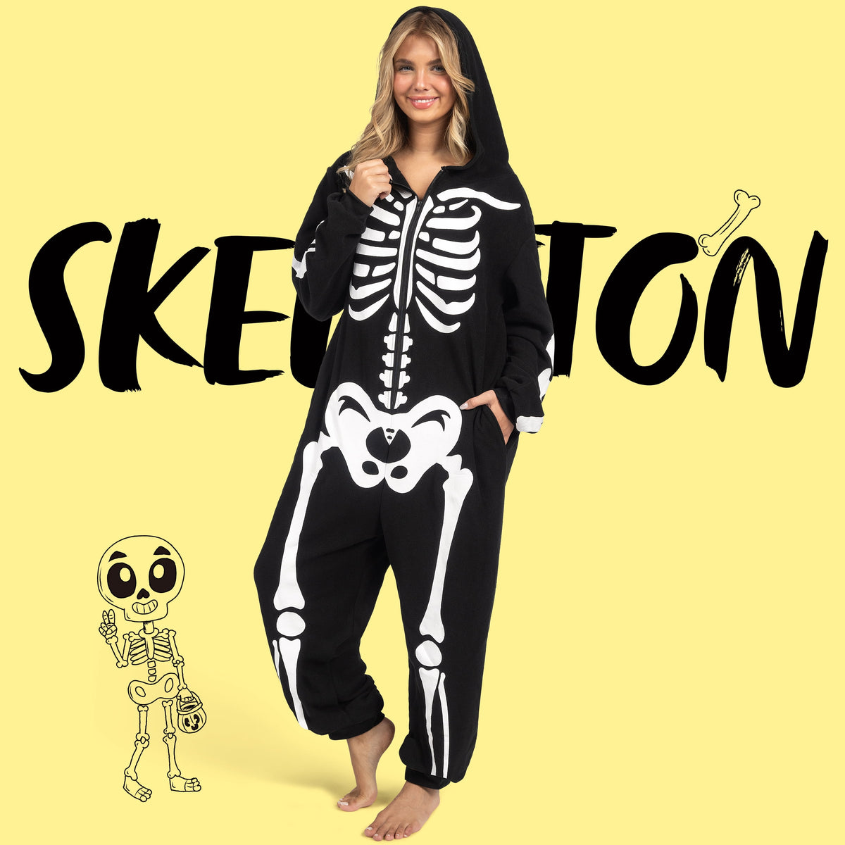 Adult Skeleton Costume for Women, Hooded Zipper Pajama Jumpsuit with Bones Print for Halloween Cosplay Party Themed Dress up and Role Play