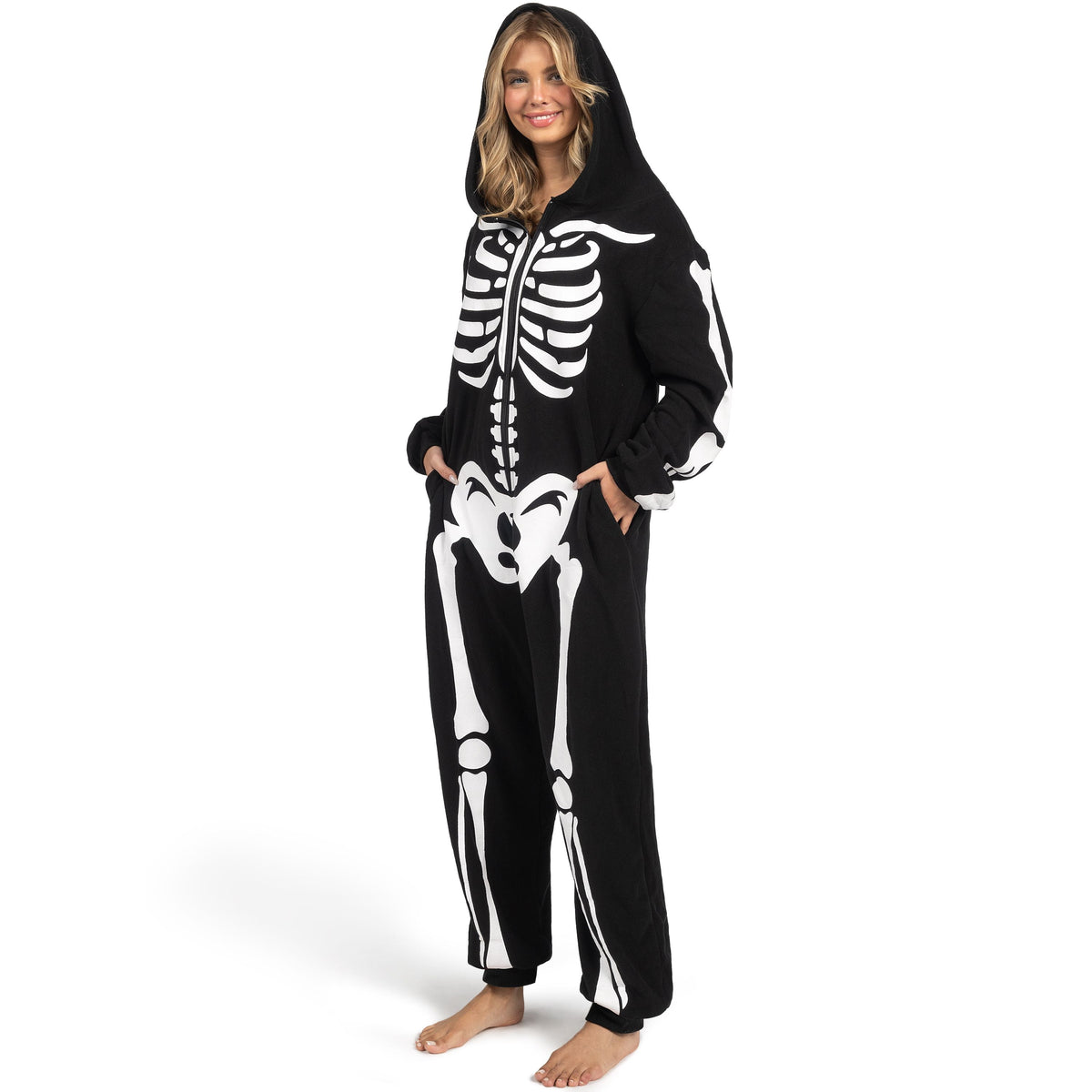 Adult Skeleton Costume for Women, Hooded Zipper Pajama Jumpsuit with Bones Print for Halloween Cosplay Party Themed Dress up and Role Play