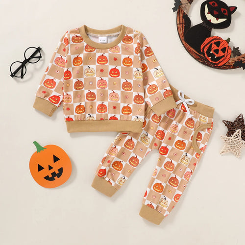 Baby Halloween Clothes Outfits Toddler Boy Girl Cute Pumpkin Crew Neck Long Sleeve Sweatshirt Tops Pants Set for 18-24 Months