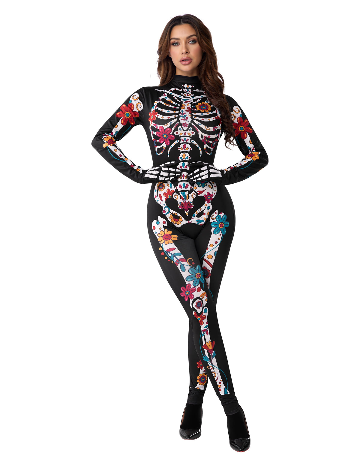 Floral Skeleton Costume for Womens, Skeleton Bone Bodysuit Halloween Costumes for Adult Halloween Party Fancy Dress-Up