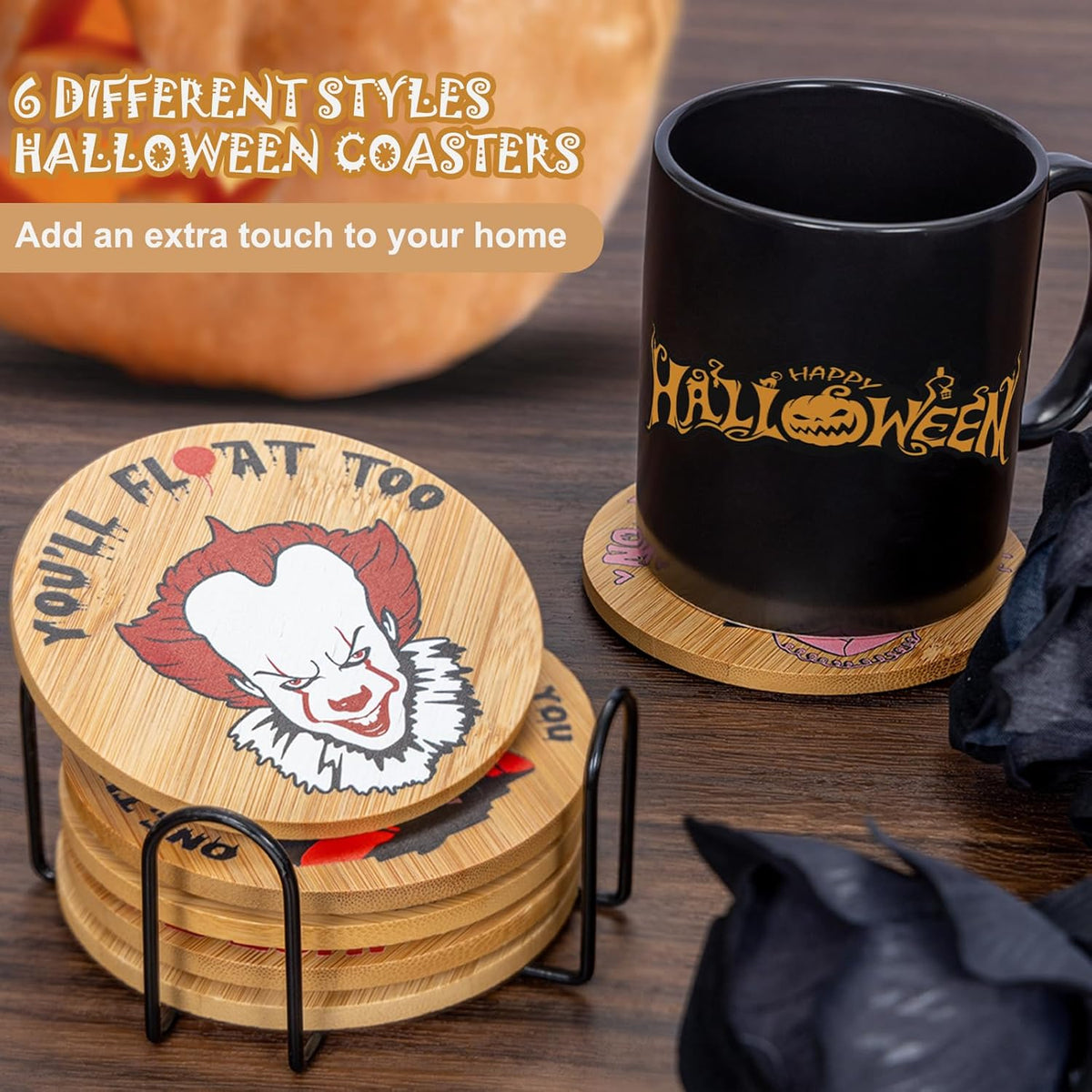 6Pcs Horror Movie Character Spooky Coasters Gift Set with Holder - Horror Movie Accessories Bar Coaster for Party Decor, Unique Halloween round Coasters for Halloween Coffee Table Spooky Kitchen Decor
