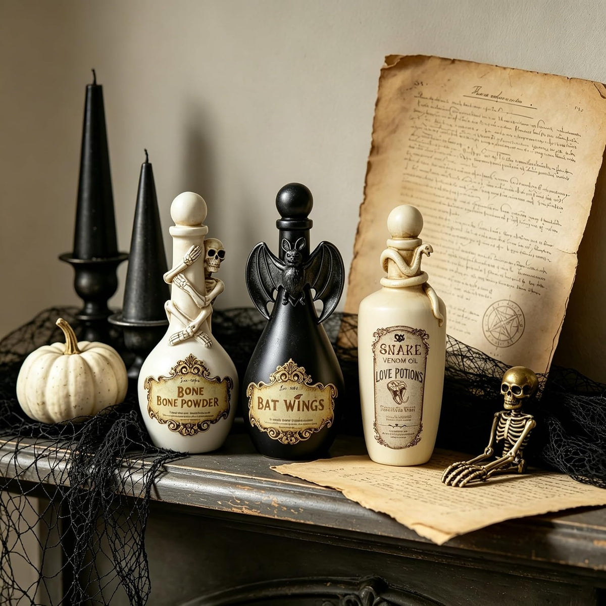 Halloween Potion Bottles, White Resin Skeleton Décor