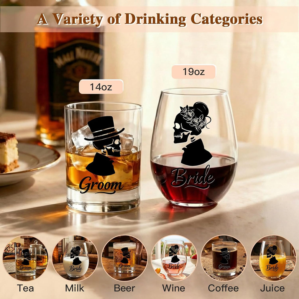 Skull Bride & Groom Wine Glass for Couples – Till Death Do Us Part Romantic Present for Him and Her – Gothic Wedding Anniversary Engagement Gifts Set – Unique Gothic Wedding Decoration